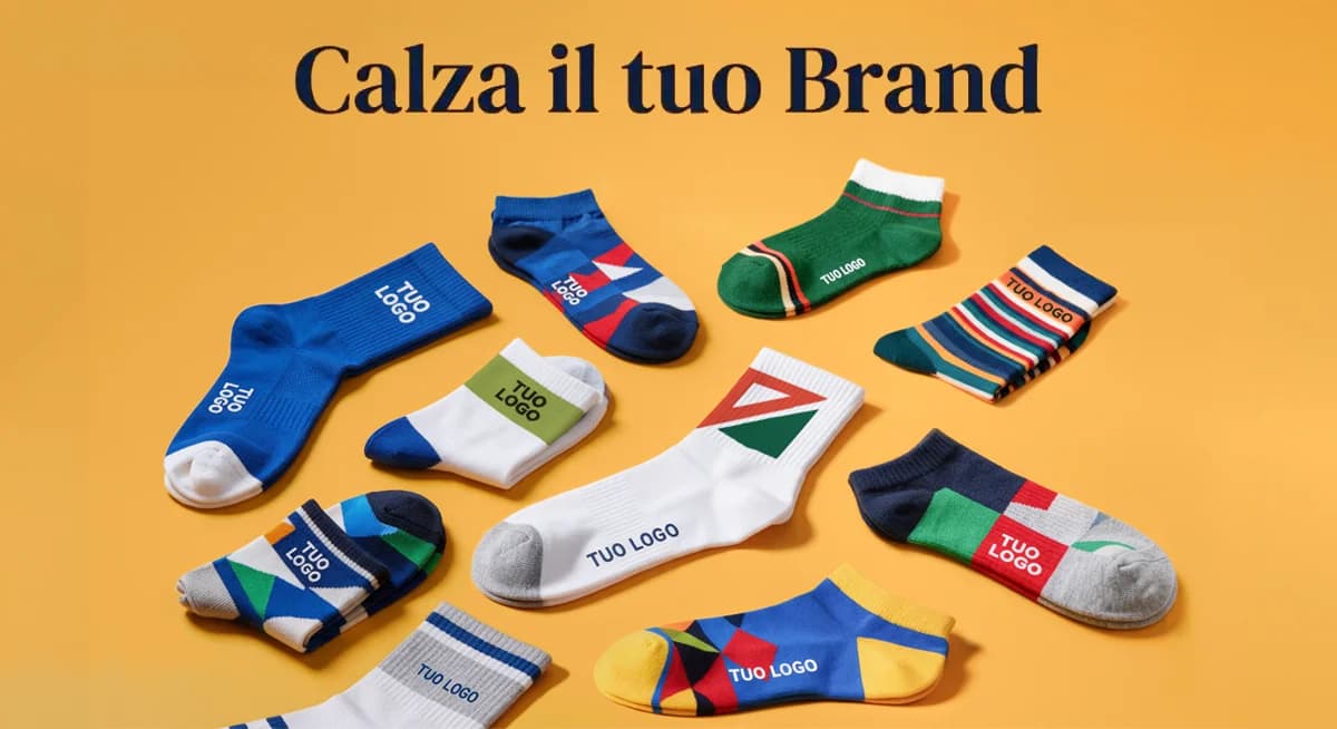 Calzini personalizzati con logo su fondo ocra, scritta Calza il tuo Brand